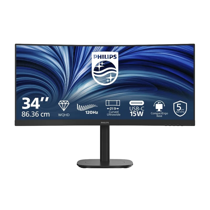 34" Philips 34B2N3500C/00, Curved VA 3440x1440, 4 ms, 120 Hz, 1500R, höjdjusterbar, HDMI/DP/USB-C 15W, högtalare, USB 3.2-hubb, 5 års garanti