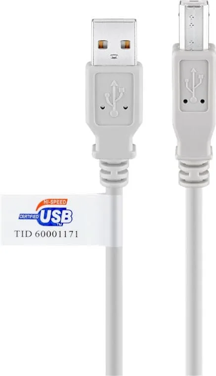 USB-A till USB-B-kabel, certifierad, 3 m, grå