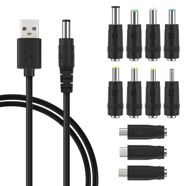 NÖRDIC 1m Strömkabel USB till DC med 5 kontakter USB DC POwer