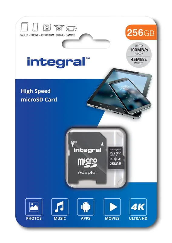 INTEGRAL 256 GB höghastighets microSDHC/XC V30 UHS-I U3 minneskort
