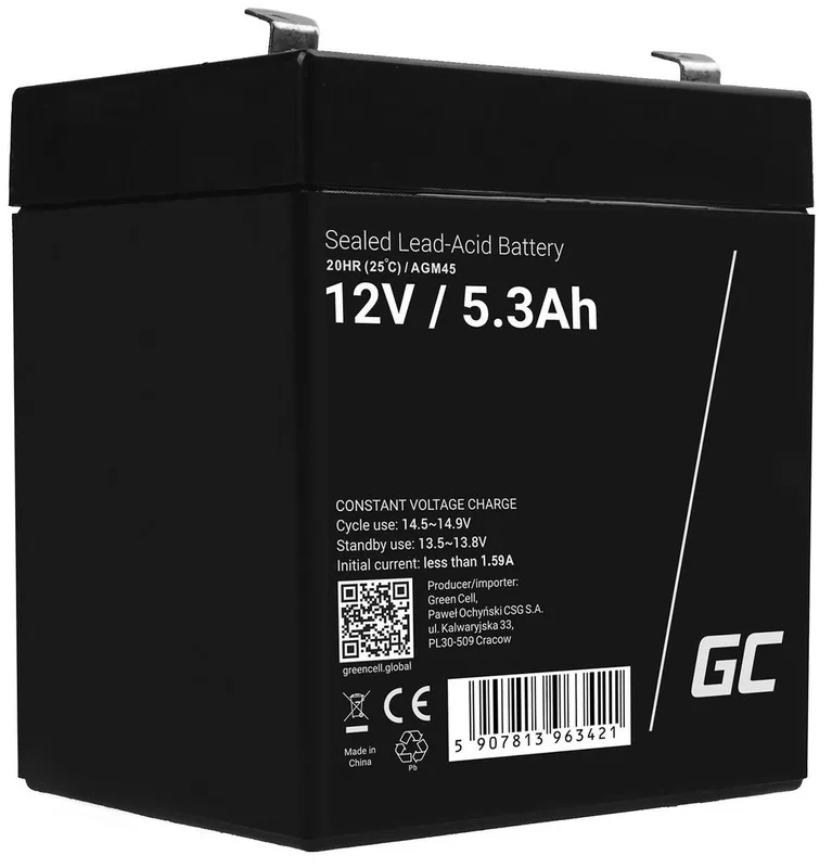 Green Cell 12V 5.3Ah VRLA Batteri för Alarm, Kassaapparater & Leksaker