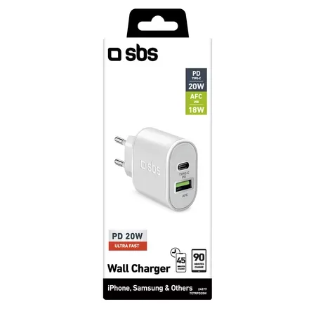 SBS TETRPD20W nätladdare, 20 W, USB-A och USB-C