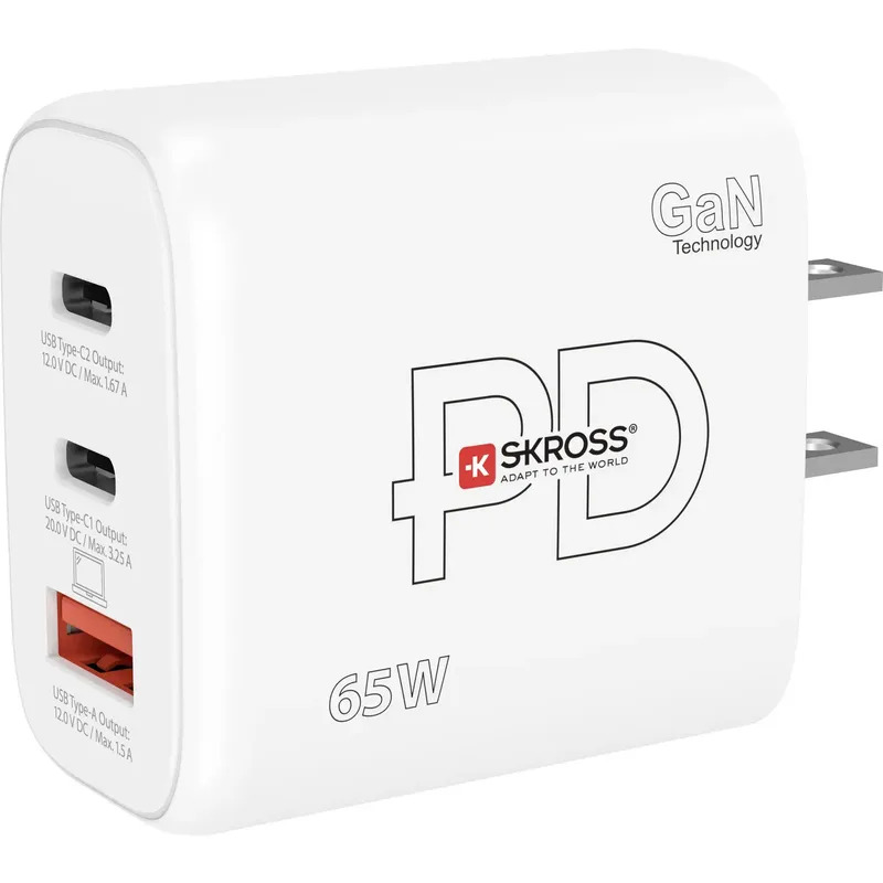 Skross Power Charger 65W PD GaN US USB-laddare 65 W 1x USB-A, 2x USB-C® Power Delivery Vit Inomhus