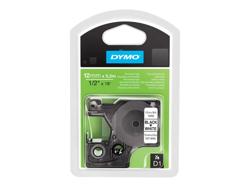 DYMO D1 märktejp perm polyester 12mm, svart på vitt, 5.5m rulle (S0718060)