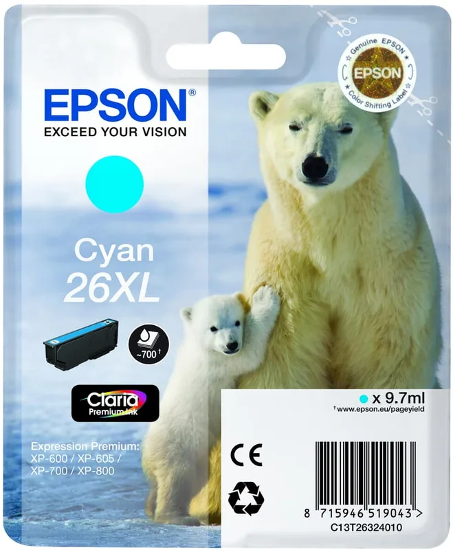 Epson 26XL isbjörn gul äkta, Claria premium bläckpatron