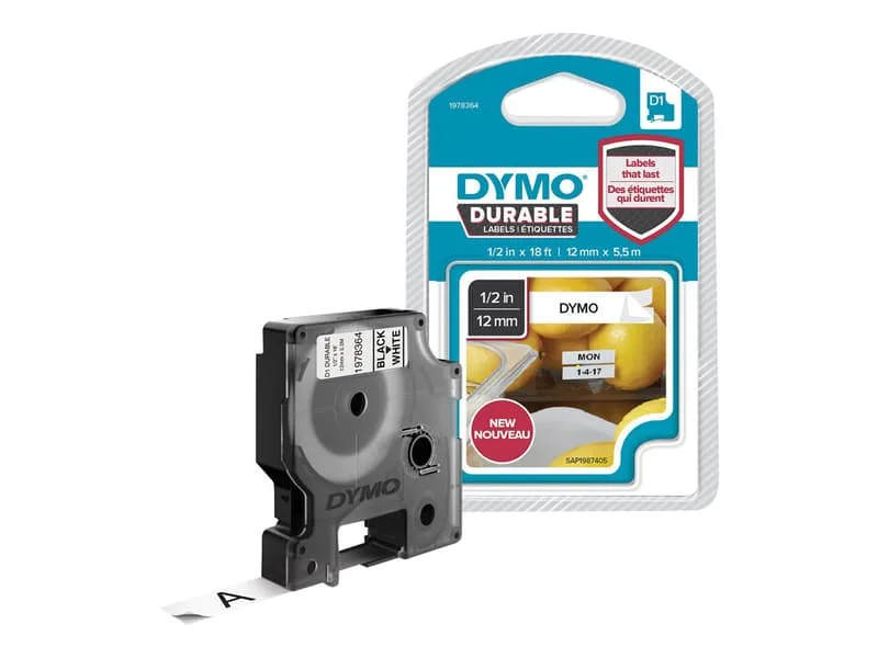 Tape D1 12mm Svart/Vit Durable