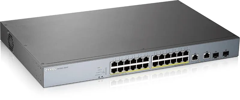 ZyXEL GS1350-26HP, 26-port Gigabit, 24xPoE (802.3af/at) Long Range, 2xSFP, 375W, Nebula/Standalone, rackmonterbar
