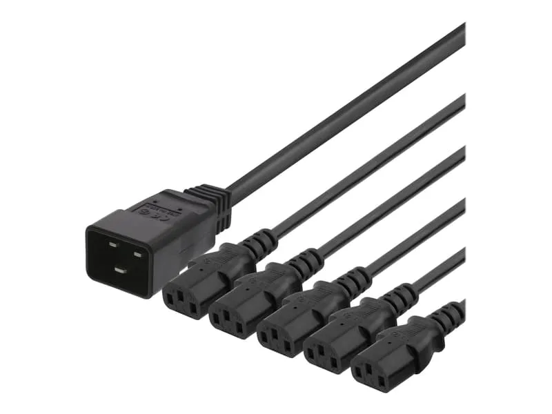 DELTACO DEL-113Q strömdelare IEC C20 till 5 x C13, 16 A, 3 m, svart