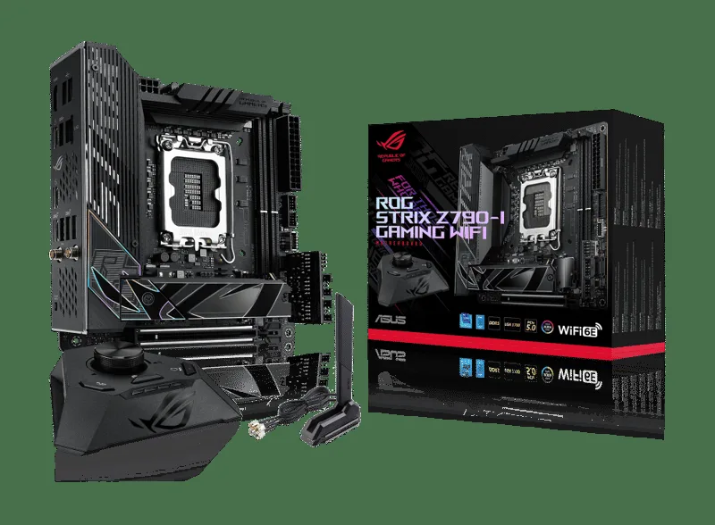 ASUS ROG Strix Z790-I Gaming WiFi Intel® Z790 LGA 1700 Mini-ITX moderkort, 10 + 1 kraftsteg, DDR5, två M.2-kortplatser, PCIe® 5.0, WiFi 6E, Thunderbolt™ 4 och USB 3.2 Gen 2x2 Type-C®