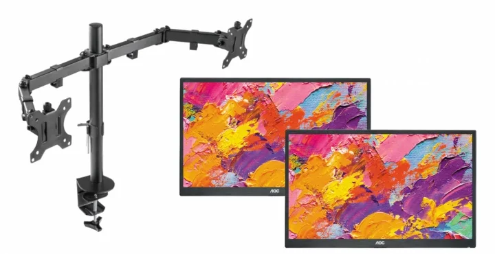 Dual-monitor skrivbordsfäste och två skärmar från AOC