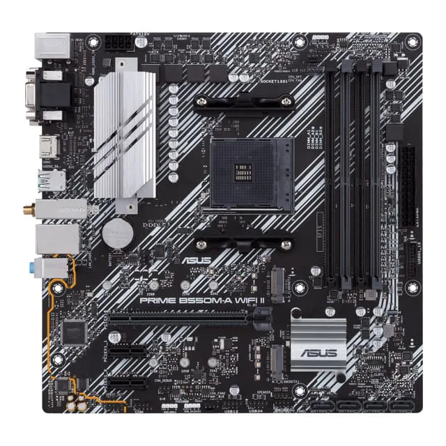 ASUS PRIME B550M-A WiFi II MicroATX Motherboard, AMD B550, Socket AM4, DDR4, PCI 4.0, Realtek 1GB LAN, WiFi 6 (802.11ax), 2xM.2, 4xSATA 6GB/s, 2xUSB 3.2 Gen 2, Support for Aura Sync RGB, Black