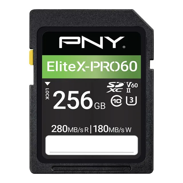 PNY 256GB EliteX-PRO60 Class 10 U3 V60 UHS-II SD Flash Memory Cards