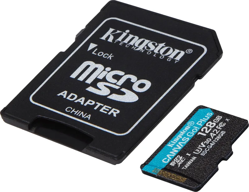 Micro Secure Digital SDXC 128 GB Kingston Canvas Go! Plus Gen4, 200 MB/sek läs, Class 10, UHS-I U3, V30, A2, inkl. SD-adapter