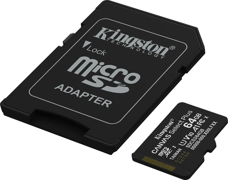 Micro Secure Digital SDXC 64 GB Kingston Canvas Select Plus Gen3, 100 MB/sek läs, Class 10, A1, UHS-I U1
