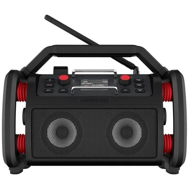 Byggarbetsradio PerfectPro RockPro DAB+, FM Batteri-laddningsfunktion, Stänkvattenskyddad, Dammtät, Stötsäker, Väckningsfunktion, uppladdningsbart Svart