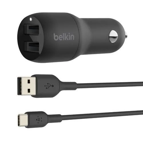 Belkin Dual USB-A Car Charger 24W + USB-C Cable