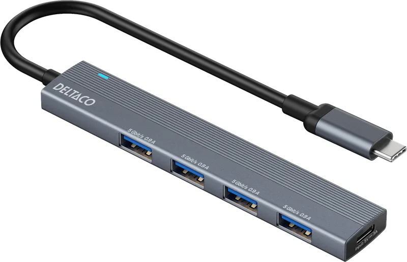 DELTACO USB-C hub 4x USB-A Grå