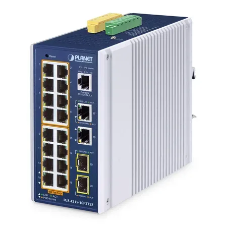 Planet Industrial 16-portars PoE+ hanterad switch IGS-4215-16P2T