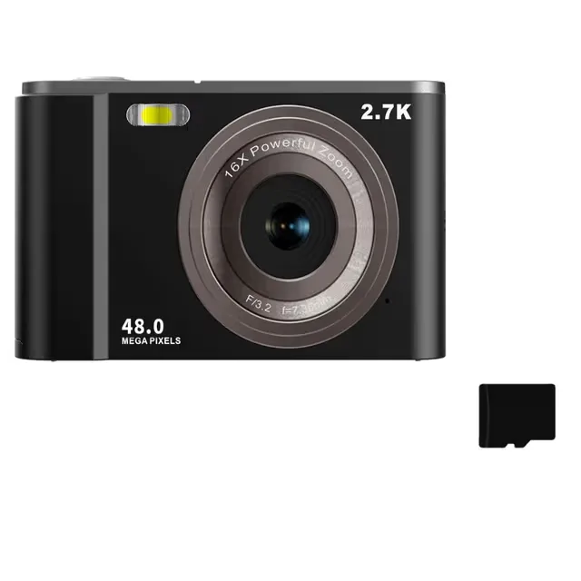 Digitalkamera 2,7K, 48 MP, 1080P, 16x zoom, 32 GB minneskort, svart