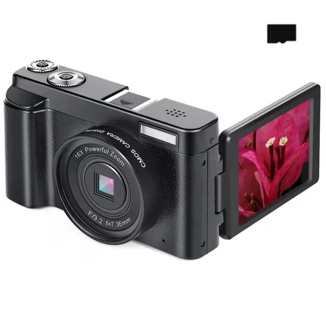 Digitalkamera 48 MP, HD 1080p, 16x zoom, vridbar skärm, 32 GB minneskort