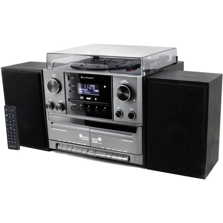 Soundmaster Musik-anläggning Vinyl Radio CD Dubbel-kassett Bluetooth Högtalare MCD5600SW Silvergrå