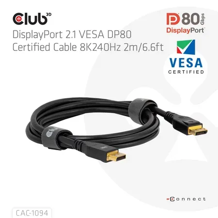 CLUB3D DisplayPort 2.1-kabel, DP80-certifierad, 2 m