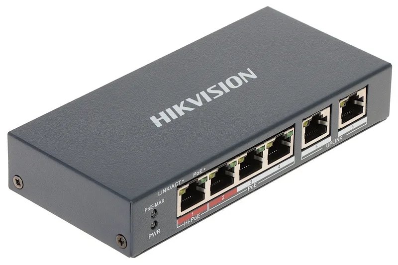 Hikvision DS-3E1106HP-EI PoE-switch, 100 Mbit/s, 4+2 portar