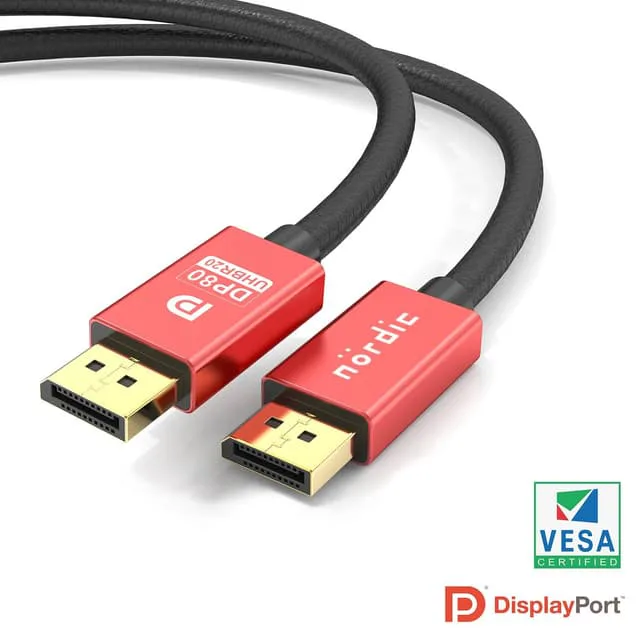 NÖRDIC CERTIFIED CABLES 50cm VESA Certified nylonflätad Displayport 2.1 kabel DP80 UHBR20 80Gbps 16/10/8K60H 4K165/144Hz DSC1.2a HDR HDCP2.2 FreeSync