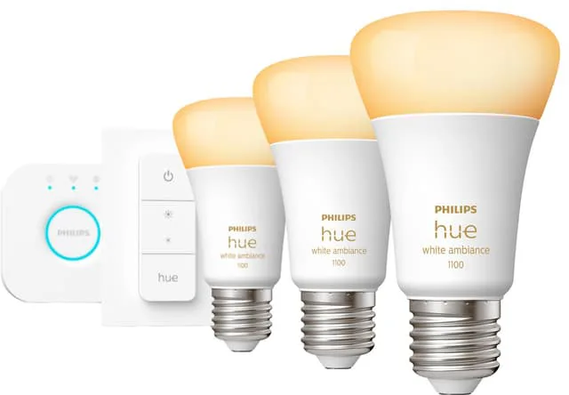 Philips Hue startpaket 3 X E27 Glödlampor + brygga + dimmer