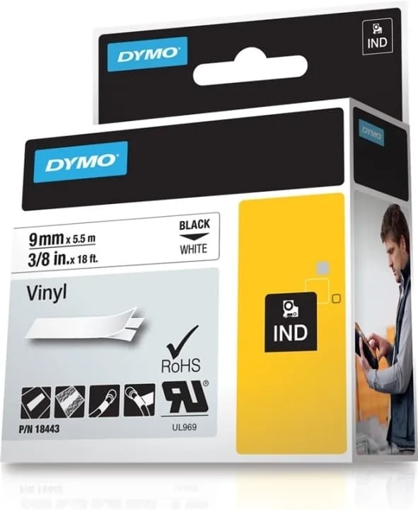 Tape RhinoPRO Permanent Vinyl 9mm Svart/Vit
