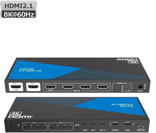 NÖRDIC 8K HDMI 2.1 eARC/ARC matrix switch 4x2 med Extractor Toslink & Stereo