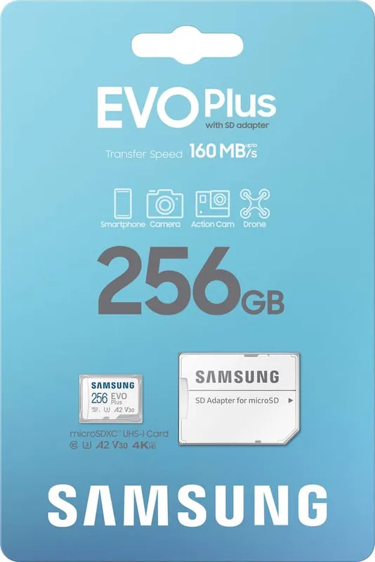 Micro Secure Digital SDXC 256 GB Samsung EVO Plus, 160/160 MB/sek, Class 10, UHS-I V30, U3, A2, inkl. SD-adapter