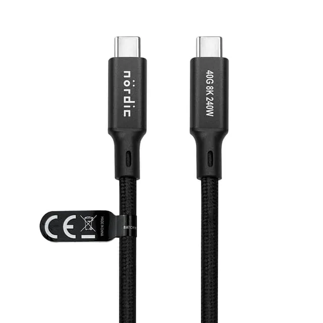 Nördic 1,5 m USB4 USB-C-kabel PD3.1 240W 40G 8K60Hz 4K144Hz, nylonflätad, svart