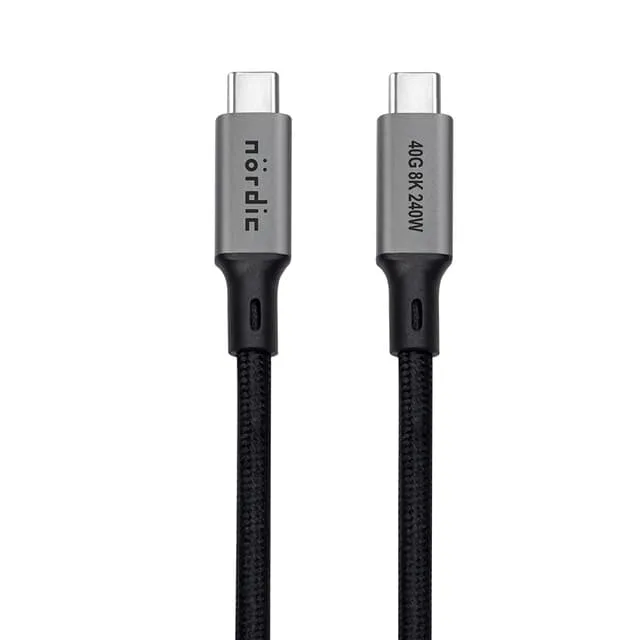 Nördic 1 m USB4 USB-C-kabel PD3.1 240W 40G 8K60Hz 4K144Hz, nylonflätad, grå