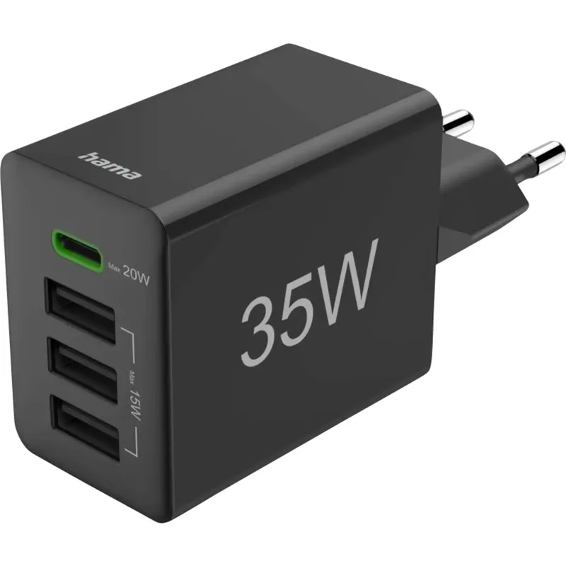Hama Väggladdare 35W PD/QC 1x USB-C 3x USB-A Svart
