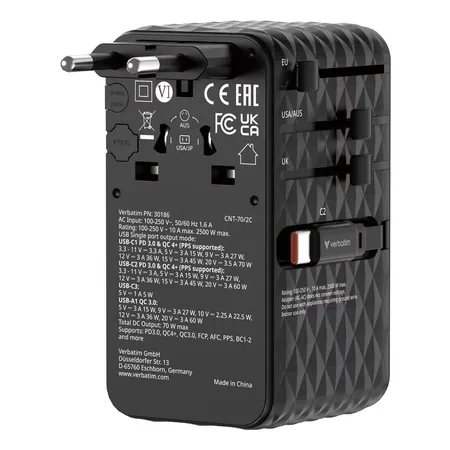 Verbatim Charge 'n' Travel 70W Universel Sort Vekselstrøm Hurtig opladning Indendørs