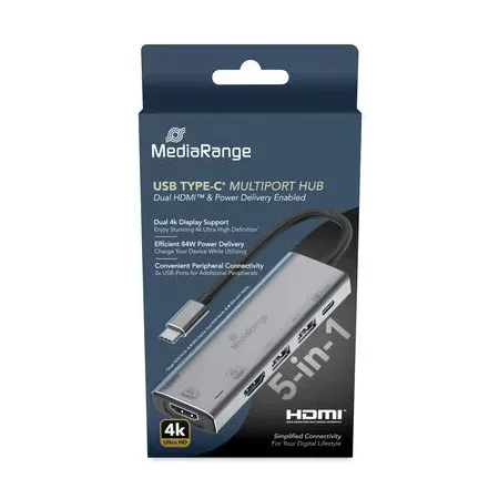 MediaRange USB-C-hubb 5-i-1 med HDMI och USB, silver