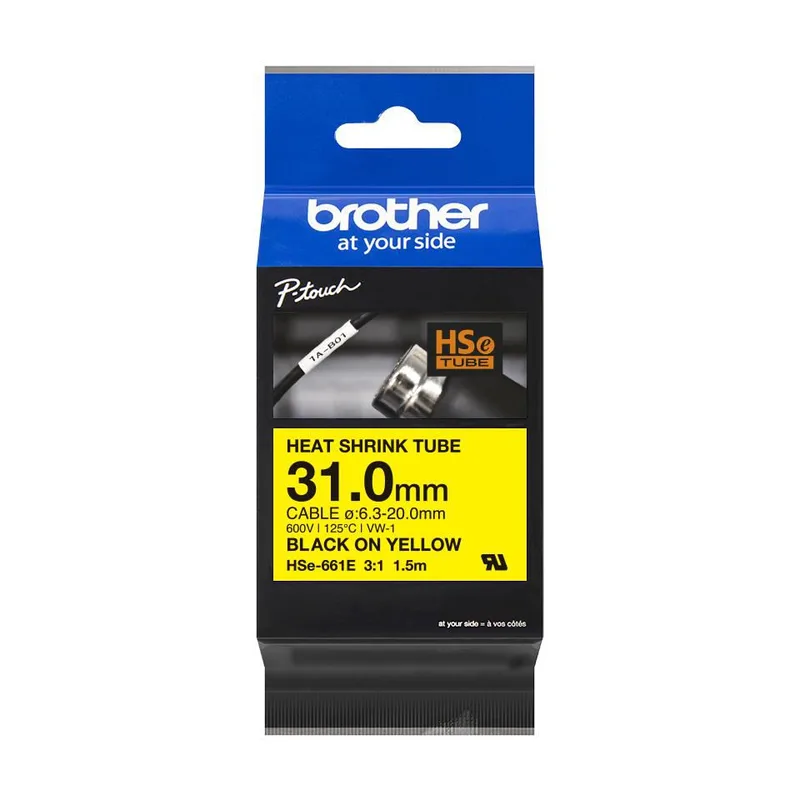 Brother HSe-661E krympslang 31 mm, svart på gul