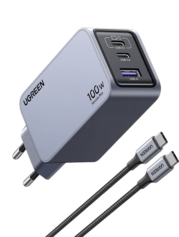UGREEN Nexode Pro 100W GaN-laddare, 3-Ports, med USB-C-kabel 1,5 m