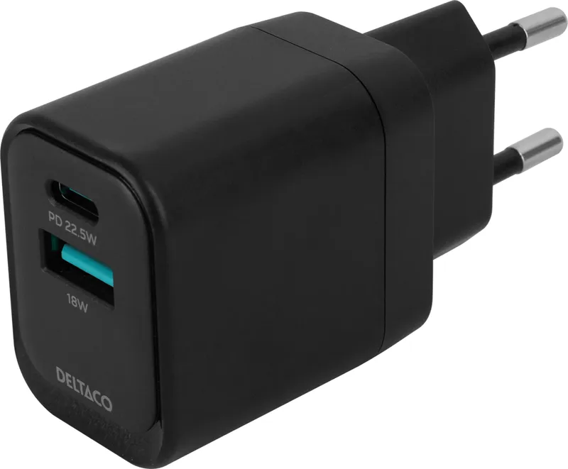 DELTACO väggladdare, USB-A 18 W och USB-C PD 20 W, svart