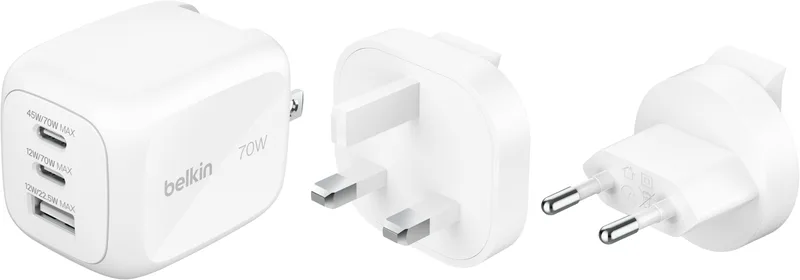 Belkin GaN-väggladdare USB-C 70 W PD med resepluggar, vit
