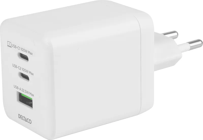DELTACO väggladdare 1x USB-A och 2x USB-C, 100 W, vit