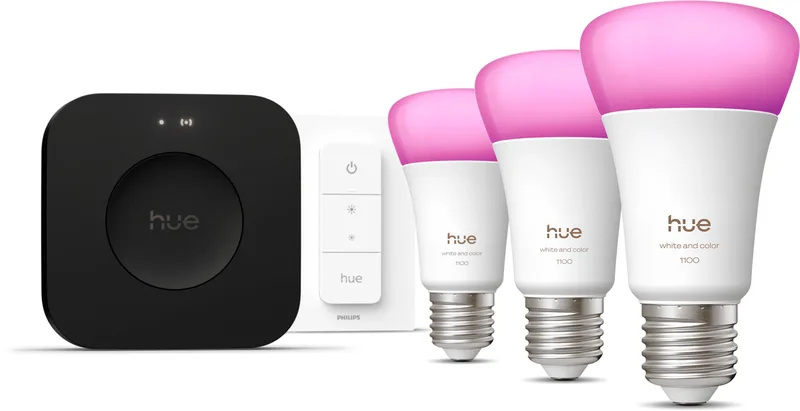Philips Hue startkit White Color E27 3-pack med dimmer och Bridge Pro