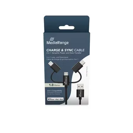 MediaRange MRCS246 USB-kabel, USB-A till USB-C, Micro-USB eller Lightning, 1 m, svart
