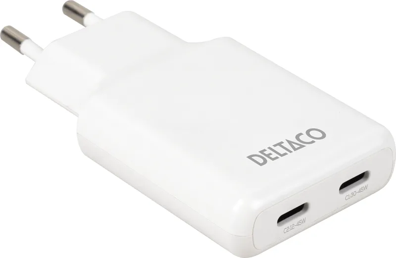 DELTACO Väggladdare 2 x USB-C 45W Slim