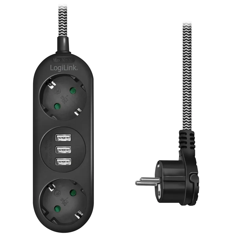LogiLink grenuttag jordat 2-vägs med 3 USB