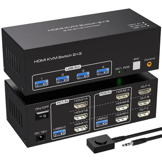 Nördic HDMI 2.1 KVM-switch för 2 datorer och 3 skärmar, 8K60Hz 4K144Hz, 4 USB 3.0