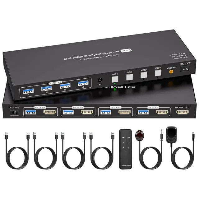 NÖRDIC HDMI KVM-switch 4 datorer 1 skärm 8K 60Hz 4K 144/120Hz 4xUSB-enheter