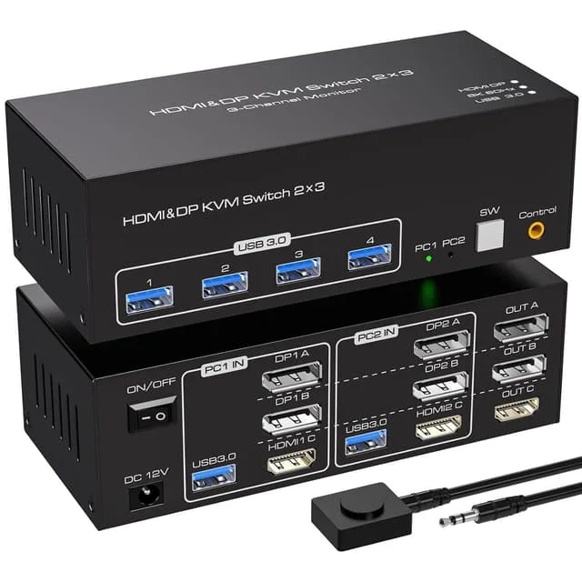 NÖRDIC KVM-switch 2 PC 3 skärmar 8K60Hz 4K144Hz Tripplaskärmar 2xDP 1xHDMI 4xUSB 3.0-portar
