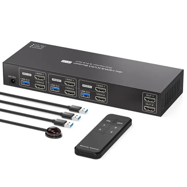NÖRDIC HDMI KVM-switch 3 datorer 2 skärmar 4K60Hz EDID 4 USB 3.0-portar med fjärrkontroll